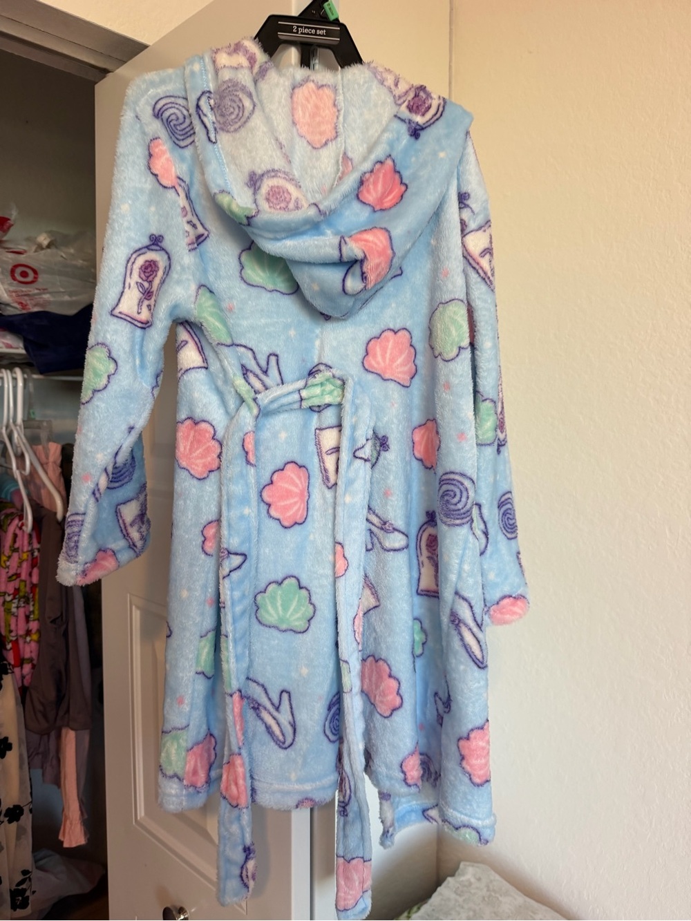 Disney Light Blue Hooded Plush Robe with Pastel Seashell Print